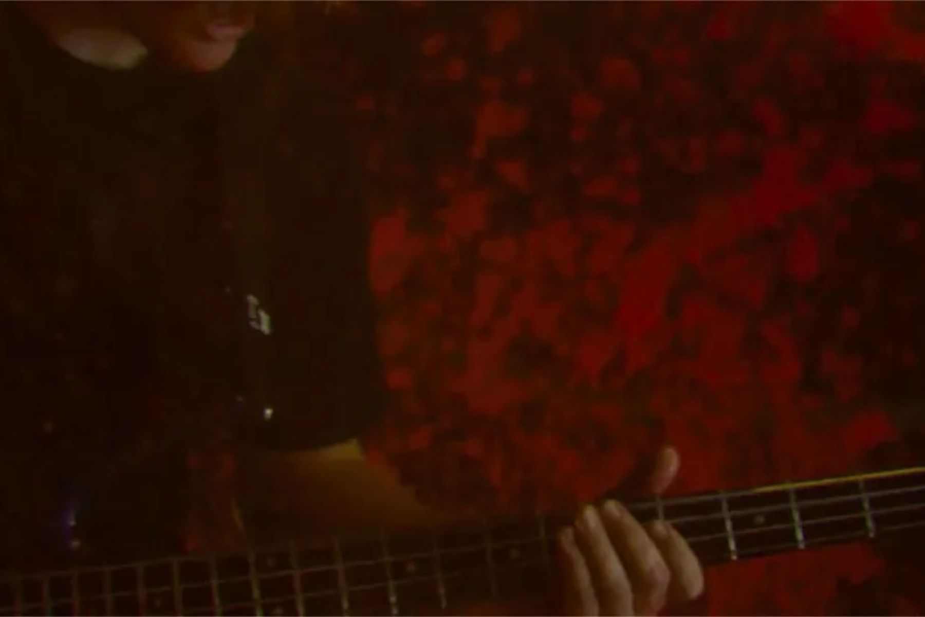 Bass player playing the bass. Screenshot from the music video. More vibrant colors.