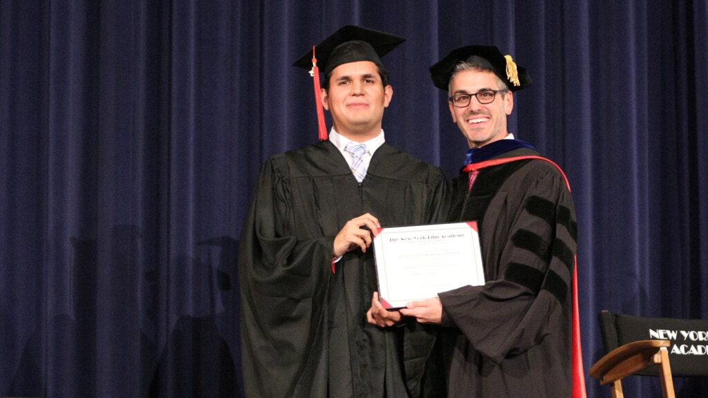 Graduation ceremony. BFA in Filmmaking - New York Film Academy, Los Angeles. From left to right: Danny Bribiesca and Michael Civille Filmmaking Dept. Chair